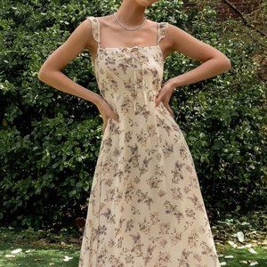 DAZY Allover Floral Print Tie Front Shirred Ruffle Trim Dress Beige / 4 summer